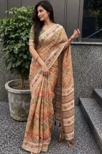orange ethnic motifs pure cotton saree