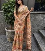orange ethnic motifs pure cotton saree