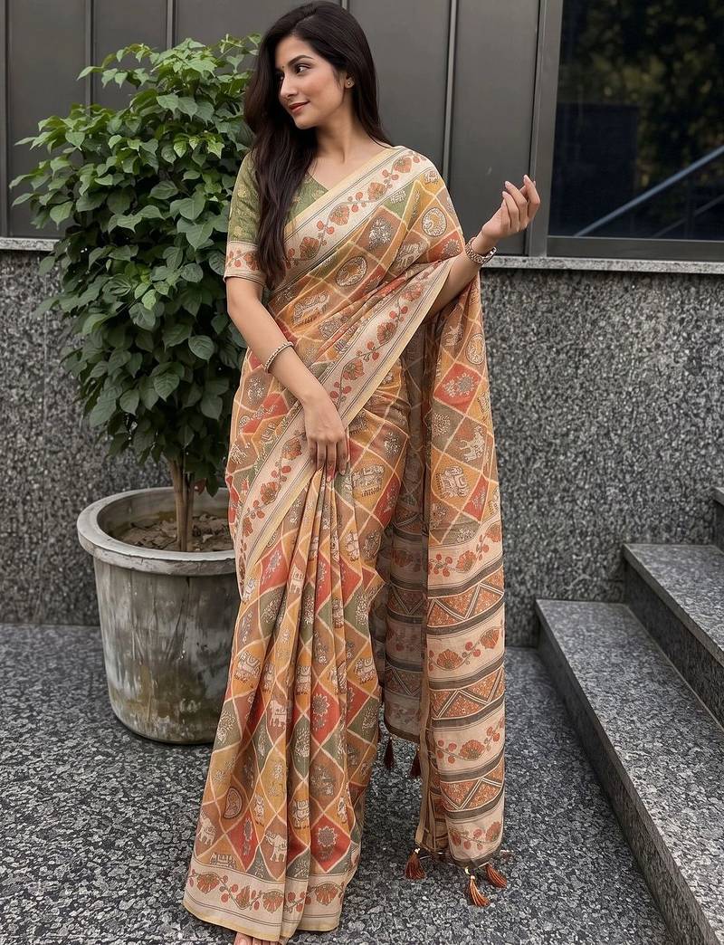 orange ethnic motifs pure cotton saree
