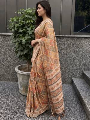orange ethnic motifs pure cotton saree 2