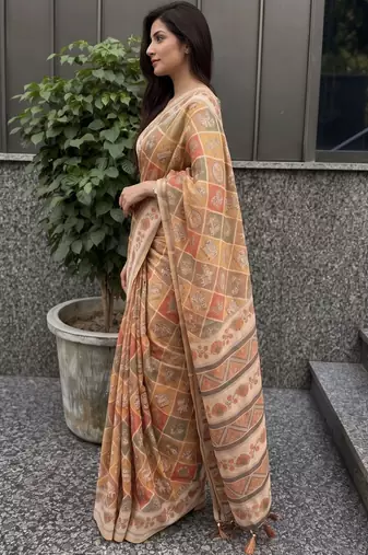orange ethnic motifs pure cotton saree