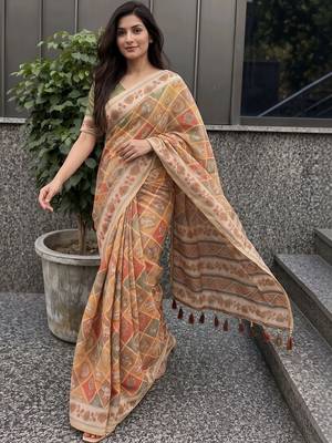 orange ethnic motifs pure cotton saree 3