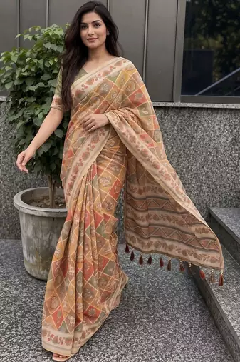 orange ethnic motifs pure cotton saree