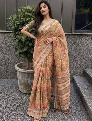 orange ethnic motifs pure cotton saree 4