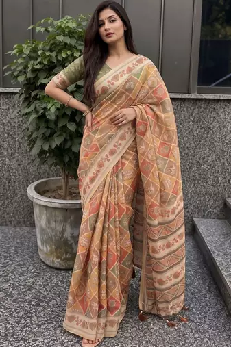 orange ethnic motifs pure cotton saree