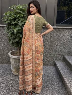 orange ethnic motifs pure cotton saree 5