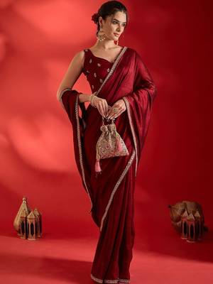 maroon embellished zari heavy work ready to wear saree 1
