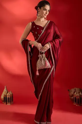 maroon embellished zari heavy work ready to wear saree