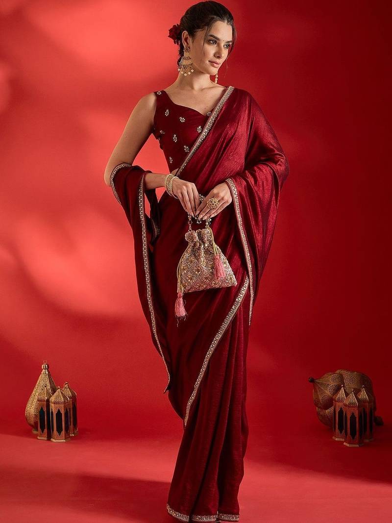 maroon embellished zari heavy work ready to wear saree