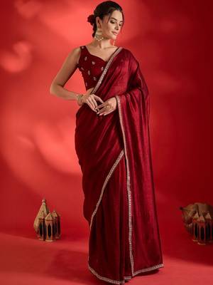 maroon embellished zari heavy work ready to wear saree 3