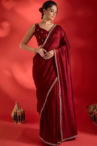 maroon embellished zari heavy work ready to wear saree