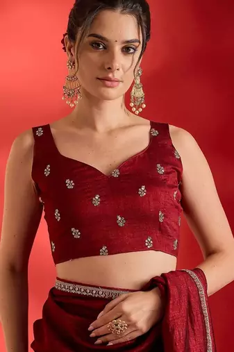 maroon embellished zari heavy work ready to wear saree
