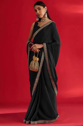 black embroidered satin saree