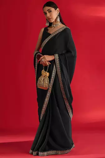 black embroidered satin saree