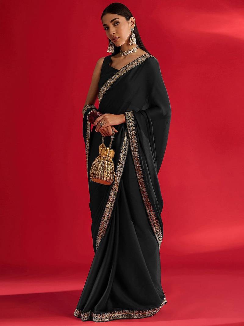black embroidered satin saree