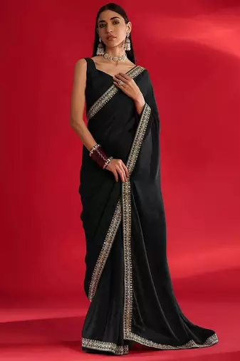 black embroidered satin saree