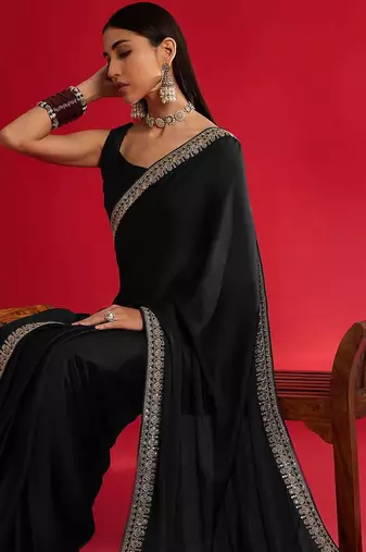 black embroidered satin saree