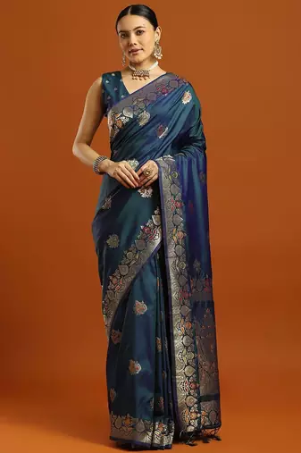 teal woven design embellished zari pure silk banarasi saree with matching blouse