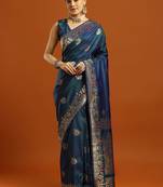 teal woven design embellished zari pure silk banarasi saree with matching blouse