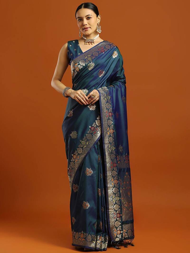 teal woven design embellished zari pure silk banarasi saree with matching blouse