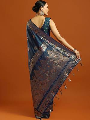 teal woven design embellished zari pure silk banarasi saree with matching blouse 2