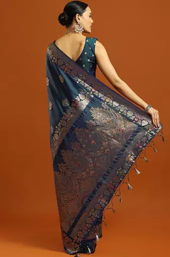 teal woven design embellished zari pure silk banarasi saree with matching blouse