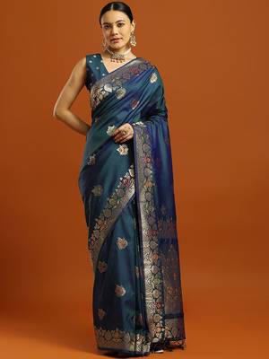 teal woven design embellished zari pure silk banarasi saree with matching blouse 3