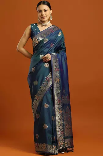 teal woven design embellished zari pure silk banarasi saree with matching blouse