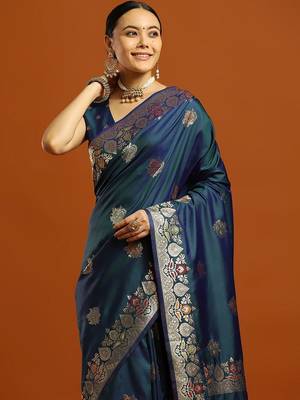 teal woven design embellished zari pure silk banarasi saree with matching blouse 4