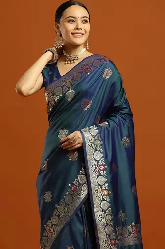 teal woven design embellished zari pure silk banarasi saree with matching blouse