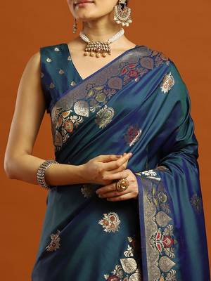 teal woven design embellished zari pure silk banarasi saree with matching blouse 5