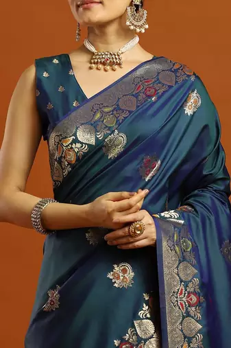 teal woven design embellished zari pure silk banarasi saree with matching blouse