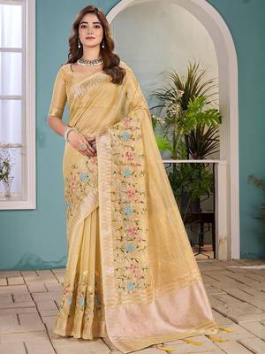 yellow floral zari silk blend tussar saree 1