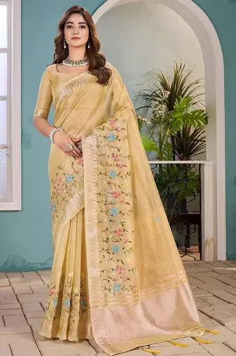 yellow floral zari silk blend tussar saree