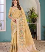 yellow floral zari silk blend tussar saree