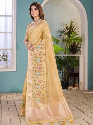 yellow floral zari silk blend tussar saree 2