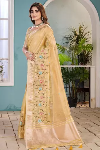 yellow floral zari silk blend tussar saree