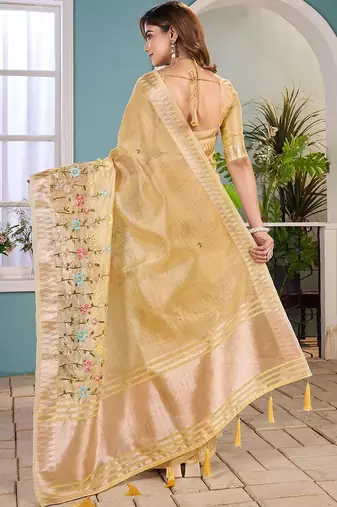yellow floral zari silk blend tussar saree