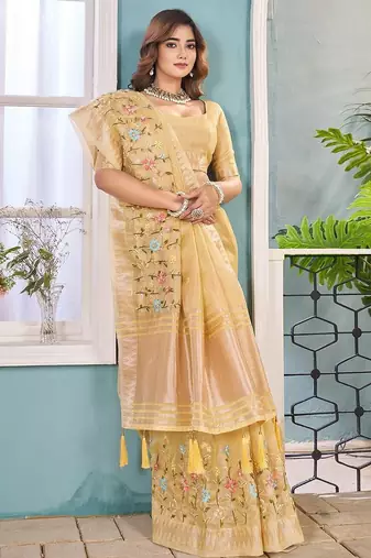 yellow floral zari silk blend tussar saree