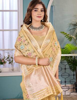yellow floral zari silk blend tussar saree 5