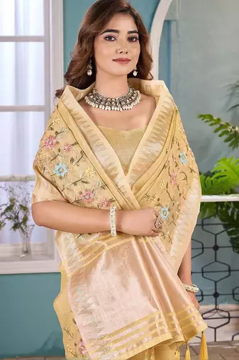 yellow floral zari silk blend tussar saree