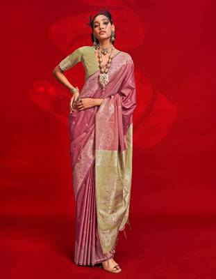 pink ethnic motifs woven design zari banarasi saree 1