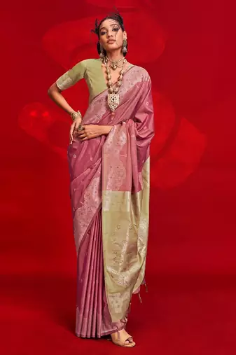 pink ethnic motifs woven design zari banarasi saree