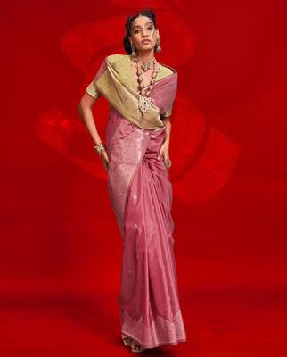 pink ethnic motifs woven design zari banarasi saree 2