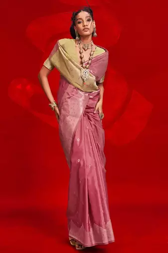 pink ethnic motifs woven design zari banarasi saree
