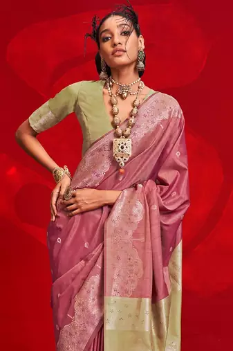 pink ethnic motifs woven design zari banarasi saree