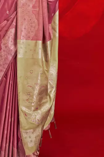 pink ethnic motifs woven design zari banarasi saree