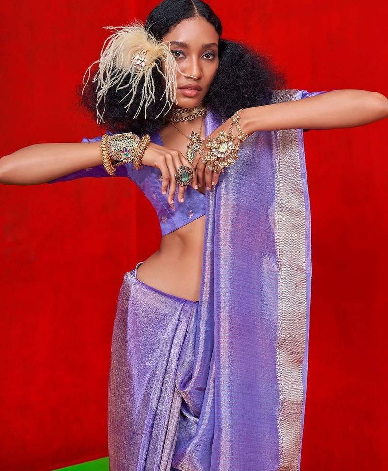 purple woven design striped zari banarasi saree
