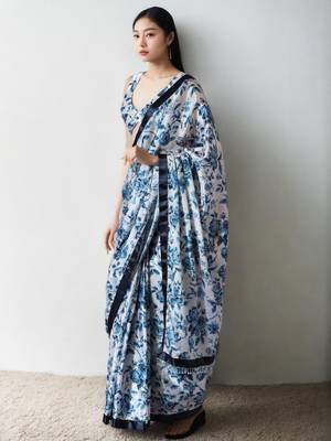 blue floral silk blend designer saree 1