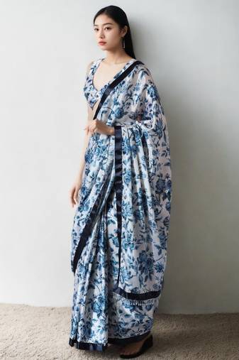blue floral silk blend designer saree